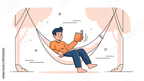Young caucasian male relaxing in hammock reading a book outdoors