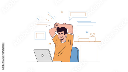 Young caucasian male relaxing at laptop in office setting