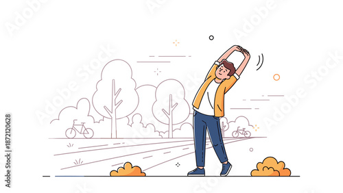 Young caucasian male exercising outdoors in park illustration