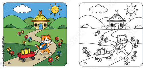 Cute cartoon cat traveler walking away from home with a backpack and suitcase in a red wagon, sunny summer landscape vector illustration.