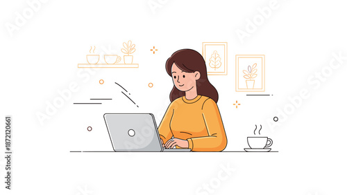 Caucasian young female using laptop in cozy home setting with coffee and decorative plants