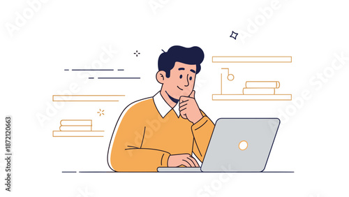 Young caucasian male working thoughtfully on laptop at home office desk