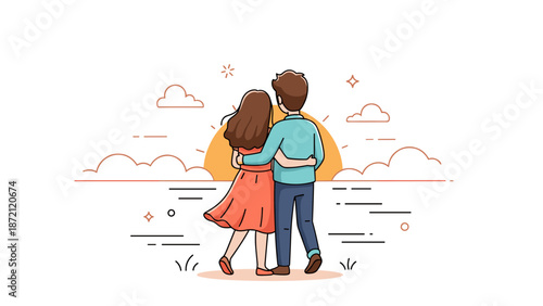 Young couple embracing sunset by the ocean - romantic scenic view