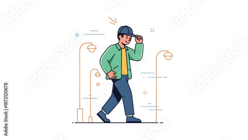 Young caucasian male walking in urban setting wearing casual outfit with cap