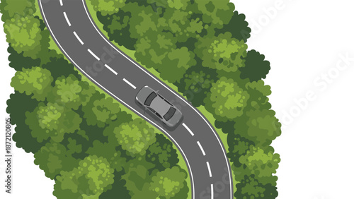 Top-down aerial view of a gray car driving on a winding road surrounded by a lush, green forest, highlighting nature and travel.