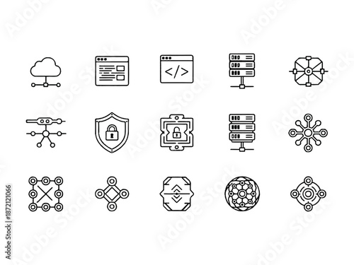Modern Technology Line Icons Set for Cloud Computing, Network, Security and AI