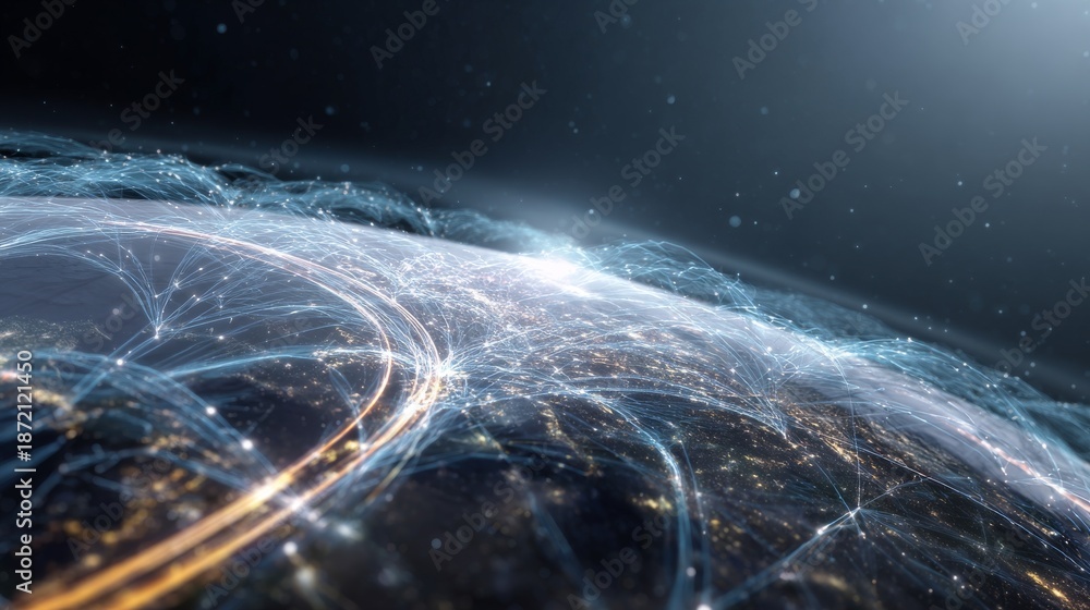 Obraz premium Digital rendering of Earth, showcasing interconnected lines suggesting global networks and data flow, against a starry backdrop