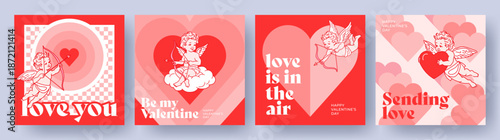 Creative concept of Happy Valentines Day card set. Trendy art design with little Cupids, hearts, geometric shapes and typography. Templates for celebration, ads, branding, banner, cover, label, poster