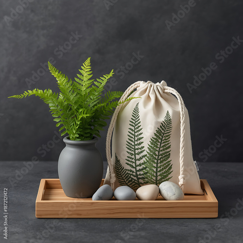 Eco Friendly Canvas Drawstring Bag With Fern Leaves, Natural Stones and Minimal Botanical Still Life,  Sustainable Fabric Bag With Green Fern Plant and Pebbles, Zero Waste and Eco Lifestyle Concept