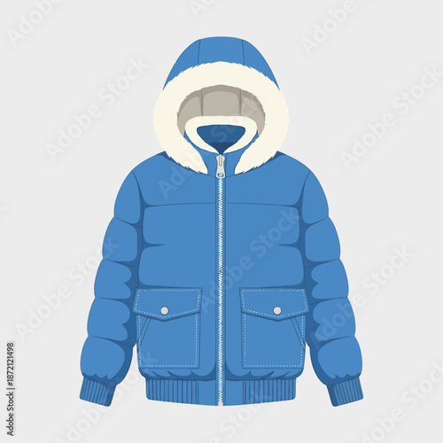 Blue Puffer Jacket with Fur Hood Isolated on White Background.