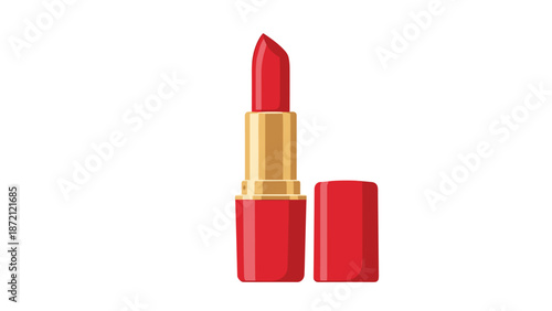 Vibrant red lipstick in a chic gold and red tube, with its cap removed and placed next to it, symbolizing beauty and style.