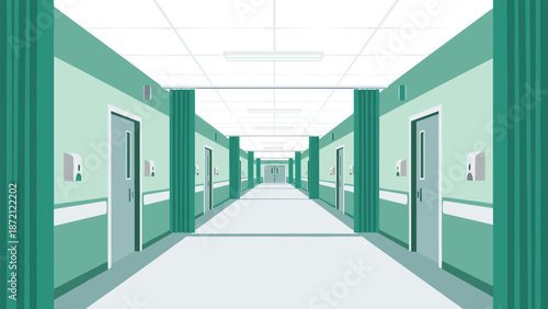 Long, empty hospital corridor with green curtains pulled back, revealing multiple doors and a sterile, clean environment.