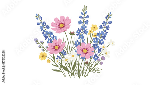 Vibrant bouquet of colorful wild field flowers, including pink cosmos, blue delphiniums, and white daisies, blooming gracefully.