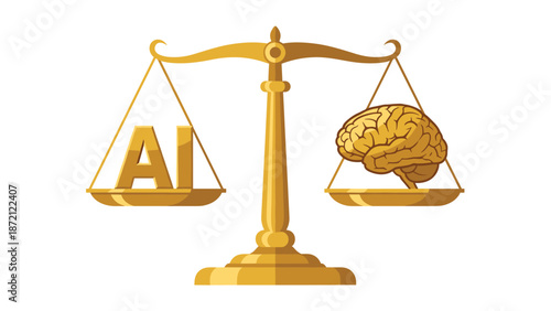 Golden balance scale with "AI" on one pan and a human brain on the other, symbolizing the comparison of artificial intelligence and human intellect.