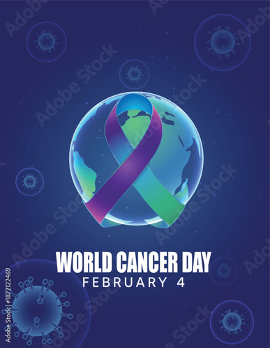 World Cancer Day Awareness Poster With Ribbon And Medical Global Concept
