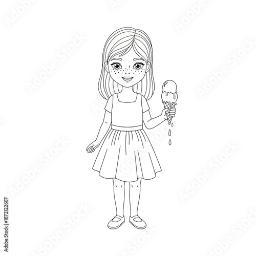 A young girl happily holding a melting ice cream cone in her hand with a big smile on her face and freckles on her cheeks standing alone on a plain white background