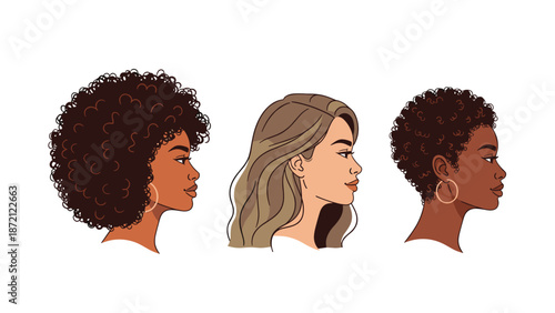 Three distinct female profiles showcasing diverse hairstyles and ethnicities: curly dark hair, wavy blonde, and short dark curls.