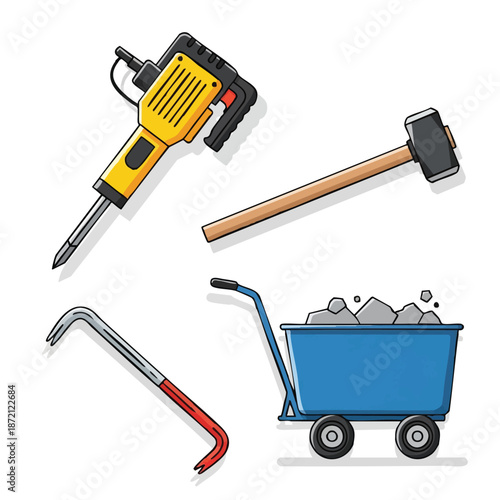 Construction tools set jackhammer sledgehammer crowbar wheelbarrow.