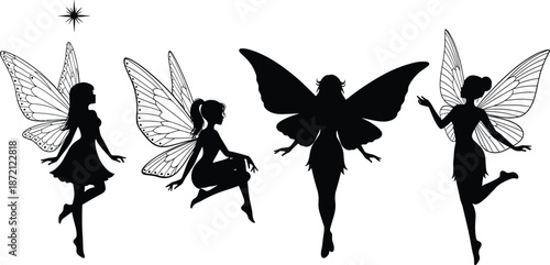 Beautiful fairy silhouette set, mystical butterfly wings, magical forest pixies, fantasy creature illustration, enchanted garden spirits,