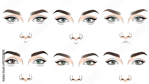 Collection of various stylized female eyes and noses, depicting diverse facial features and makeup styles for character design.