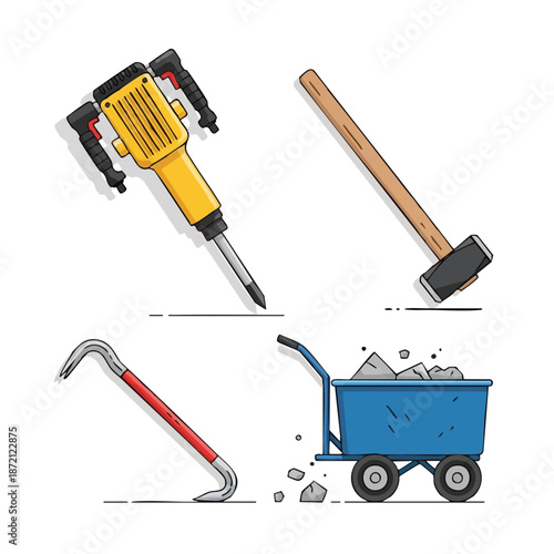 Construction Tools Jackhammer Sledgehammer Crowbar Wheelbarrow.