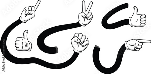 Collection of cartoon gloved hands with long flexible arms showing various gestures like peace, thumbs up, pointing, and fist cad drawing flat vector illustration