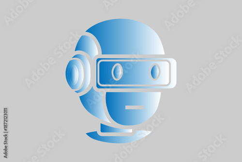 This image presents a stylized robot head or an android bust in profile. The robot is wearing what appears to be a VR headset or a digital visor and a circular earpiece.