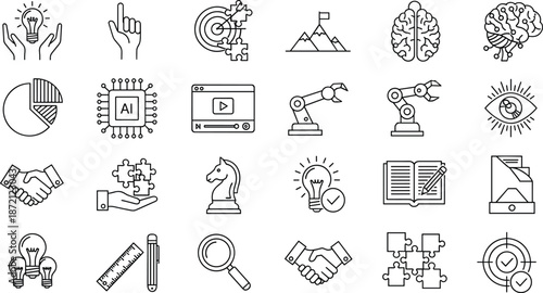 Business, strategy, technology, icon, set, including, artificial, intelligence, brain, robot, arm, handshake, light, bulb, mountain, goal, puzzle, chart, chess, knight, vector