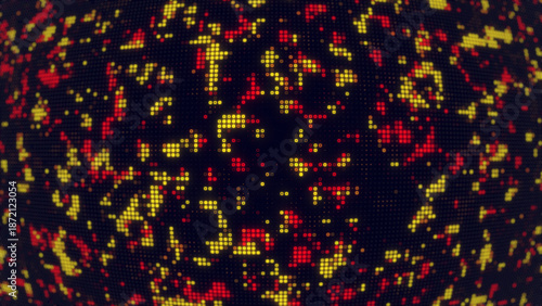 Futuristic digital technology blinking dots background. Hi-tech motion graphic background with yellow and red flickering dots on dark blue background