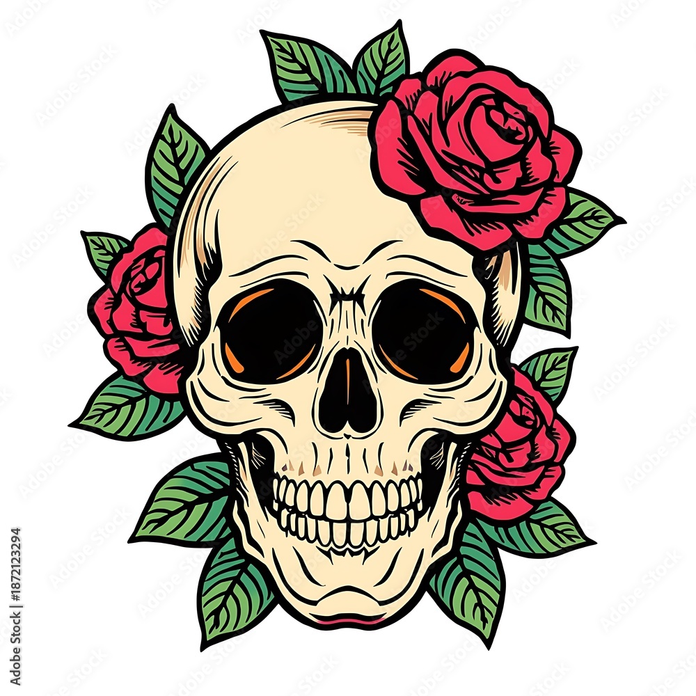 Fototapeta premium Gothic skull with roses tattoo design featuring a black human bone vector illustration for scary halloween horror artGothic skull with roses tattoo design featuring a black human bone vector illustrat