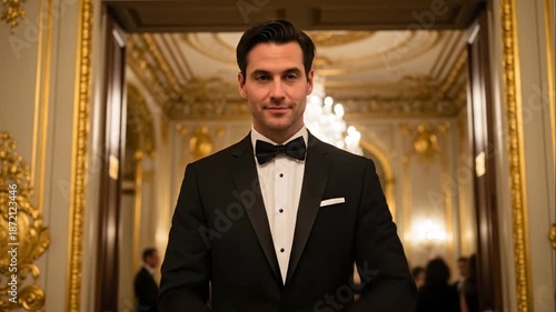 Man in Tuxedo Adjusting Cufflinks in Elegant Hallway.