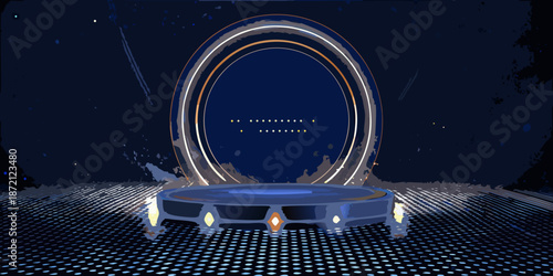 A futuristic stage with a circular portal and illuminated platform
