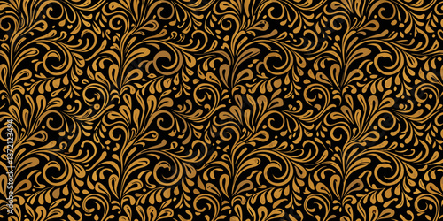 Intricate golden floral pattern on a dark black ornate background
