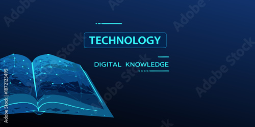 An open book with digital data streams representing technology and knowledge