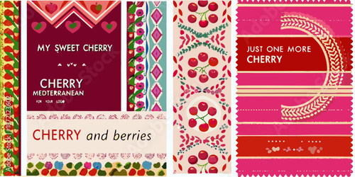 Colorful cherry patterns and typography on a series of decorative cards