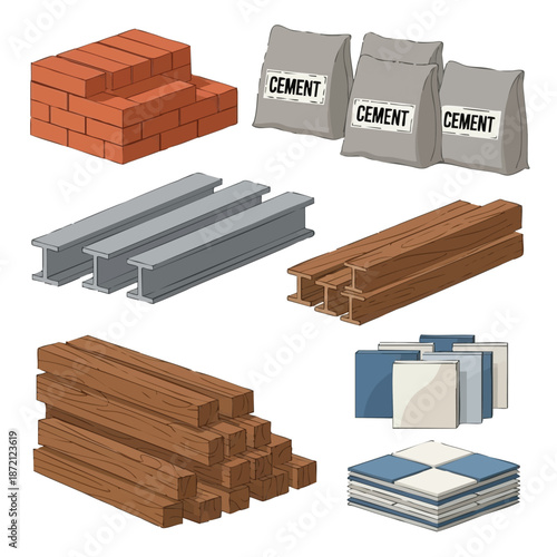 Building Materials Set Bricks Cement Steel Wood.