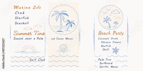 Summer themed illustrations featuring marine life palm trees and beach elements