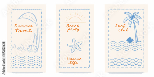 Summer themed illustrations beach surfing and marine life banner designs