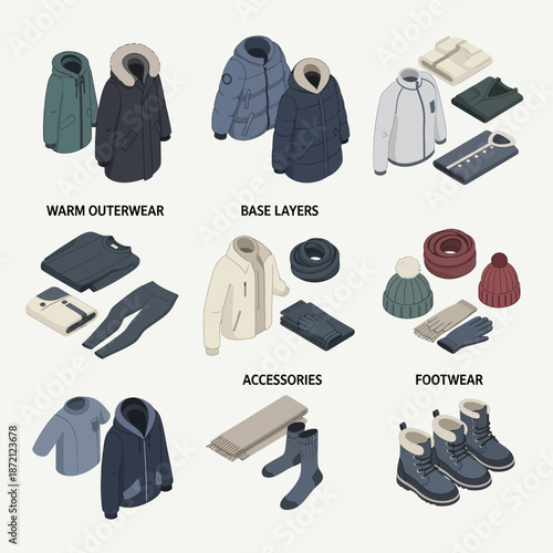 Isometric illustration of various winter clothing items and accessories for cold weather.
