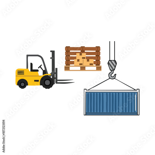 Forklift loading shipping container with pallet.