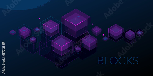 Isometric purple geometric blocks and glowing lines on a dark background