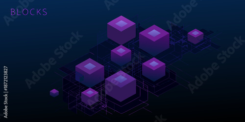 Isometric purple blocks and circuit board lines on a dark background