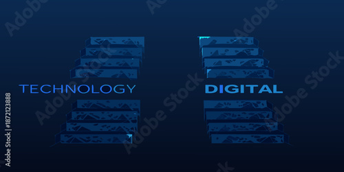 Abstract digital staircase design with technology and digital text elements