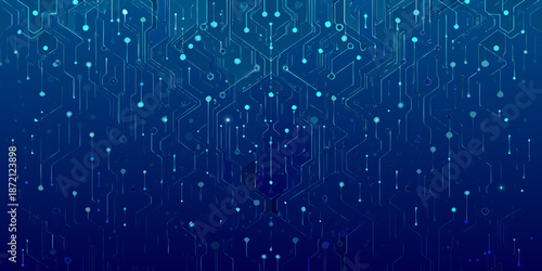 Abstract blue background depicting a complex network of digital circuitry