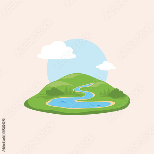 Serene landscape illustration featuring rolling green hills, a winding river, and a tranquil blue lake under a soft sky with two fluffy clouds