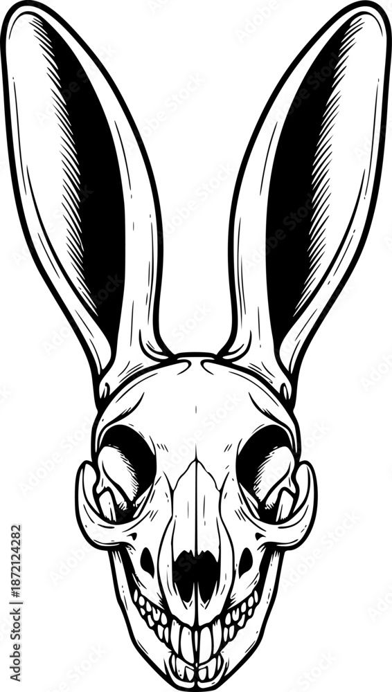 Fototapeta premium Bunny Rabbit Skull and Cranium with Long Ears and Rodent Teeth for Animal Anatomy, Wildlife Study, and Biology Education – Black and White Vector Illustration