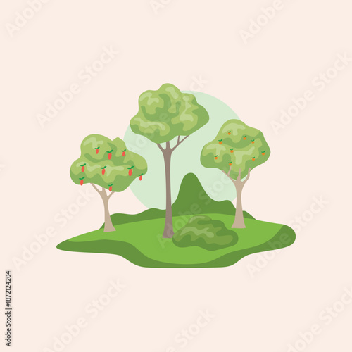 Green landscape with three lush trees bearing fruit, a small bush, and rolling hills under a light green circular background, vector illustration