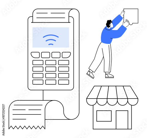 Contactless payment concept. POS terminal, receipt, and retail shop showcase modern payment solutions. Contactless technology enhances shopping convenience and security. For e-commerce, retail