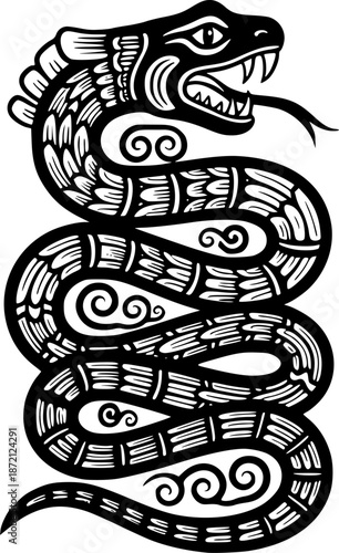 Aztec Snake and Mythical Serpent Symbol for Ancient Mesoamerican Culture, History, and Tribal Tattoo Design – Black and White Vector Illustration