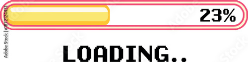 Vector illustration of a pixel art style progress loading bar at 23 percent with a pink border and yellow fill isolated on white background.